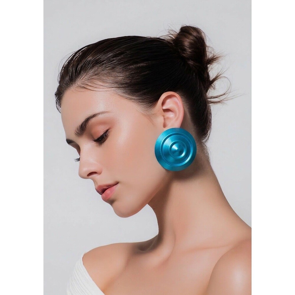 Vintage Large Blue Disc Earrings Statement Round Retro Clip On Bold Mod - Picture 11 of 11